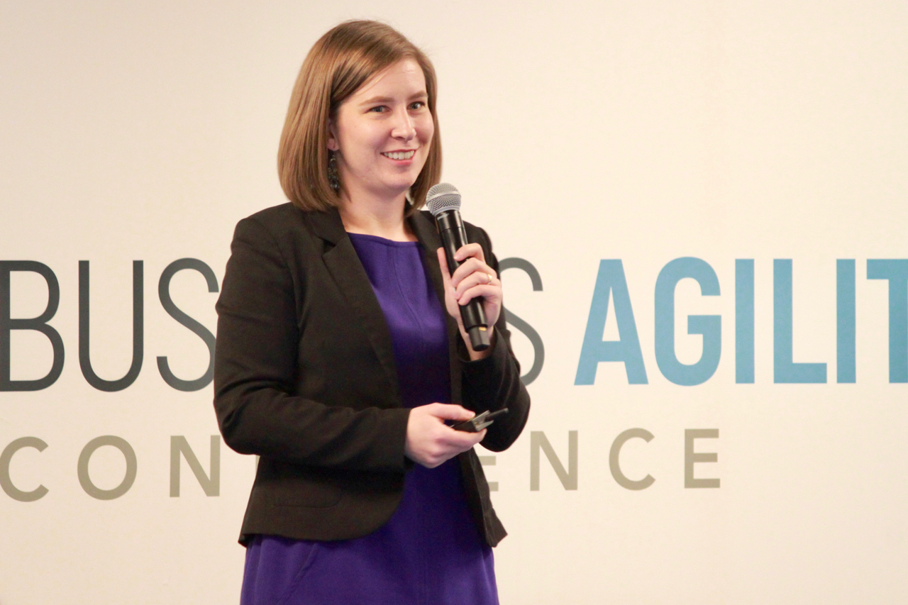 Agilist Andrea Fryrear speaking on stage at a Business Agility Institute Conference