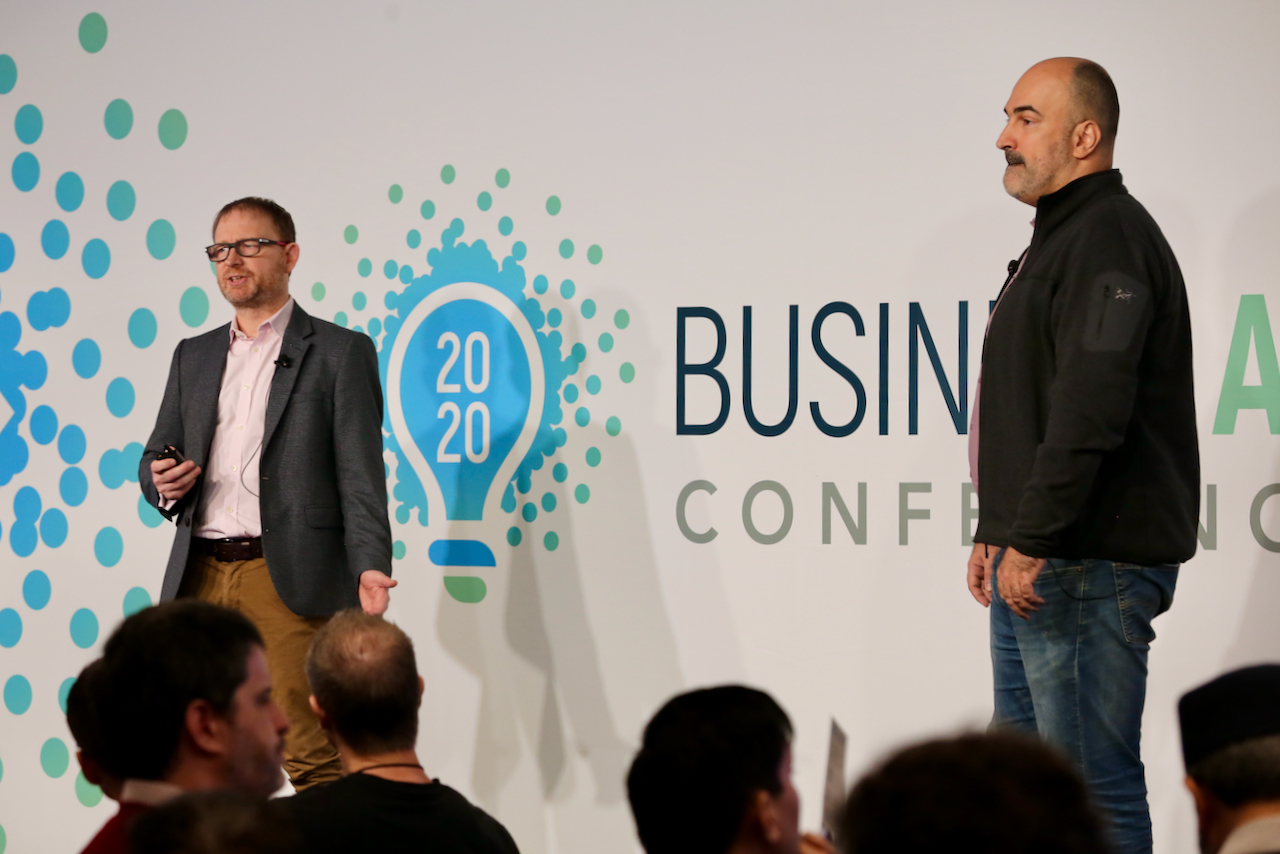 Photo of Ian Harvey and Felipe Castro on Stage at Business Agility Conference 2020