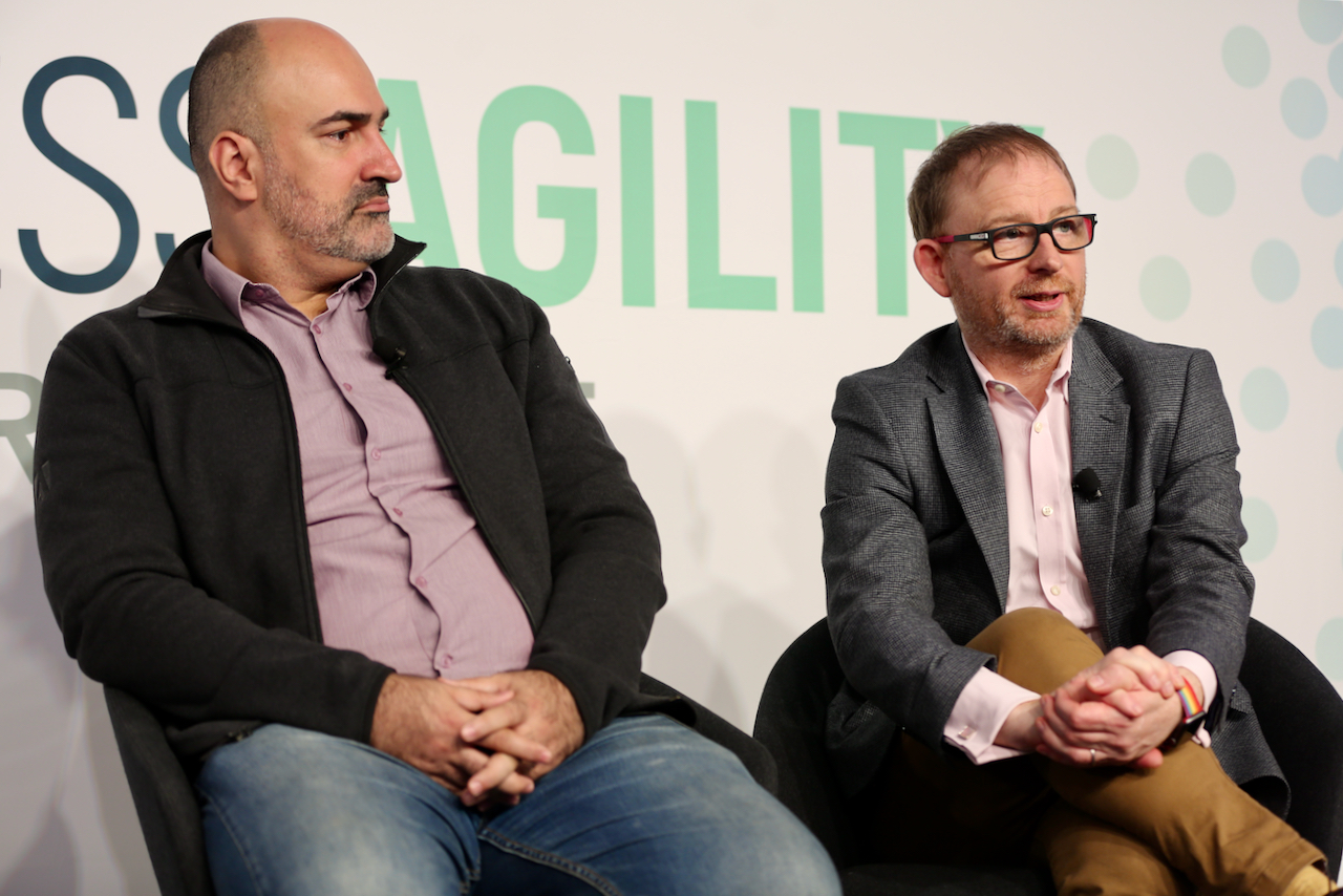 Photo of Ian Harvey and Felipe Castro in panel dicsussion at Business Agility Conference 2020